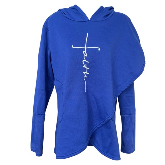 Tops - Faith Cross Christian Hoodie Blue Asymmetrical Wrap Pullover Women’s Large